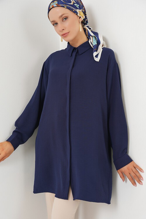 Merterium Kadın Uzun Gömlek Tunik 5945 - Lacivert