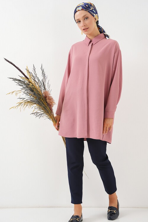 Merterium Kadın Uzun Gömlek Tunik 5945 - Pudra