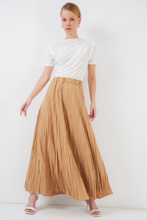 Merterium Kadın Uzun Kırışık Etek 8042 - Bisküvi