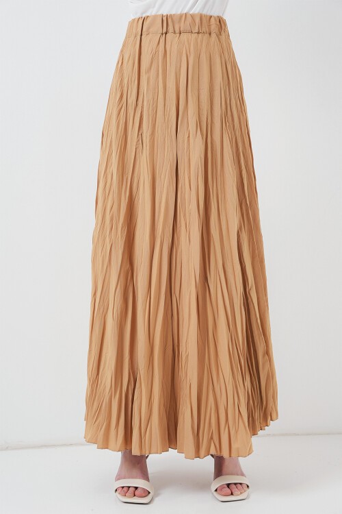 Merterium Kadın Uzun Kırışık Etek 8042 - Bisküvi