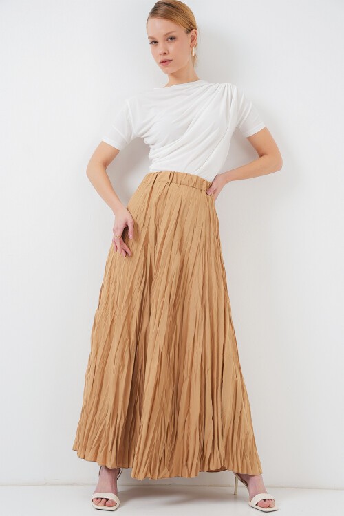 Merterium Kadın Uzun Kırışık Etek 8042 - Bisküvi