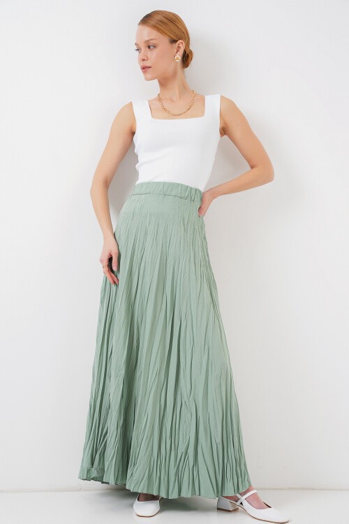 Merterium Kadın Uzun Kırışık Etek 8042 - Çağla