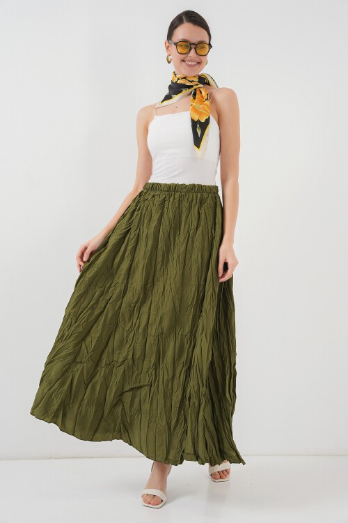 Merterium Kadın Uzun Kırışık Etek 8042 - Haki