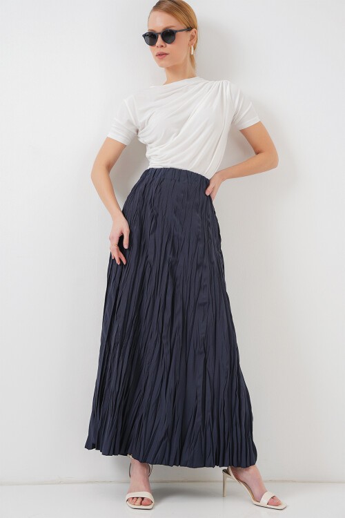 Merterium Kadın Uzun Kırışık Etek 8042 - Lacivert