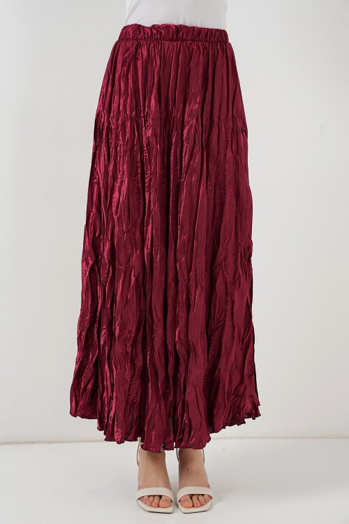 Merterium Kadın Uzun Kırışık Parlak Etek 8034 - Bordo