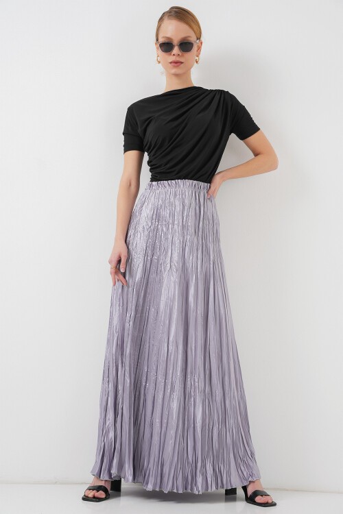 Merterium Kadın Uzun Kırışık Parlak Etek 8034 - Gri