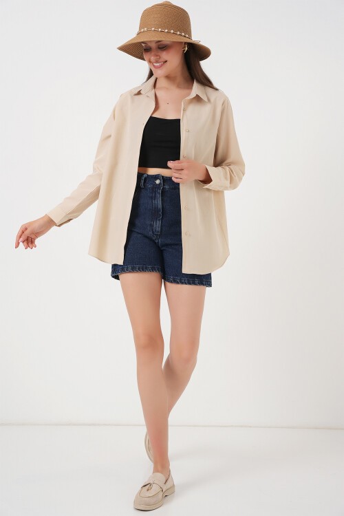 Merterium Kadın Uzun Kol Basic Gömlek 20279 - Bej