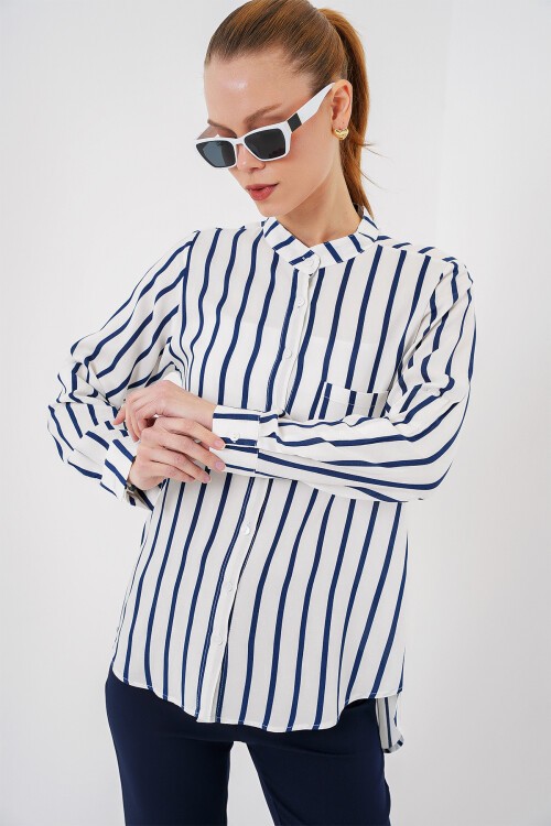 Merterium Kadın Uzun Kollu Çizgili Gömlek 20283 - B.Lacivert