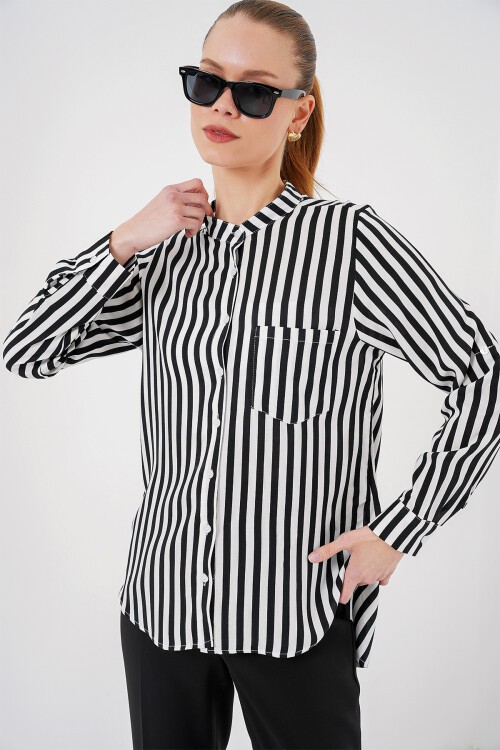 Merterium Kadın Uzun Kollu Çizgili Gömlek 20283 - Beyaz