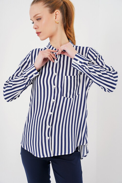 Merterium Kadın Uzun Kollu Çizgili Gömlek 20283 - Lacivert