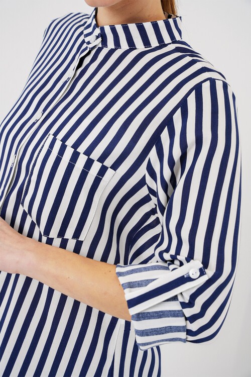 Merterium Kadın Uzun Kollu Çizgili Gömlek 20283 - Lacivert