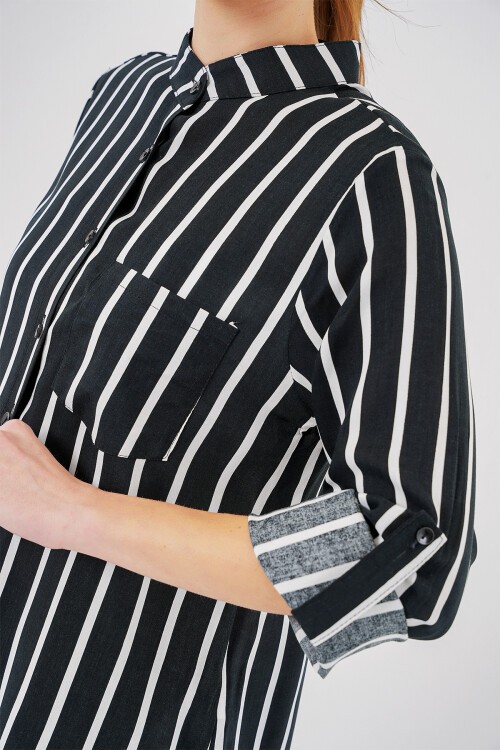 Merterium Kadın Uzun Kollu Çizgili Gömlek 20283 - Siyah