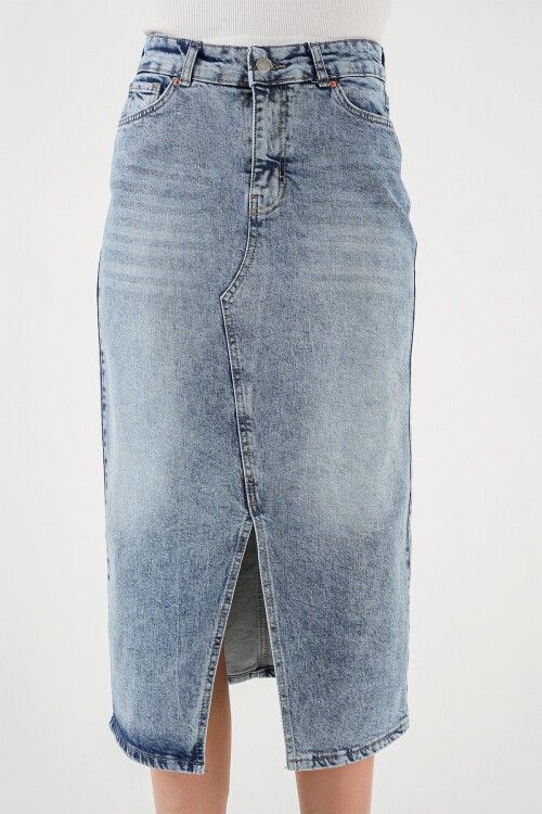 Merterium Kadın Yırtmaçlı Midi Kot Etek 8038 - Mavi