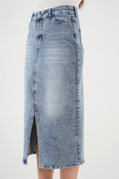 Merterium Kadın Yırtmaçlı Midi Kot Etek 8038 - Mavi