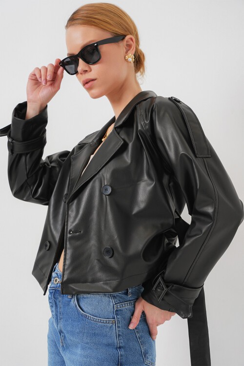 Merterium Kemerli Siyah Suni Deri Ceket 0698