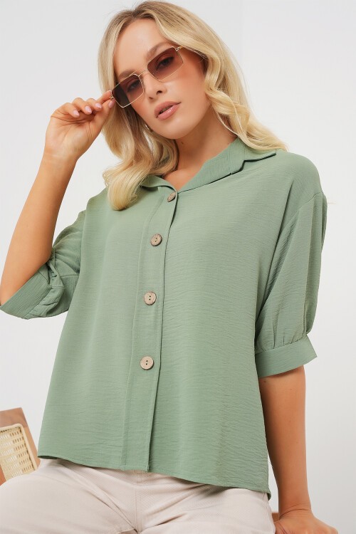 Merterium Kısa Kol Oversize Keten Gömlek 20240 - Çağla