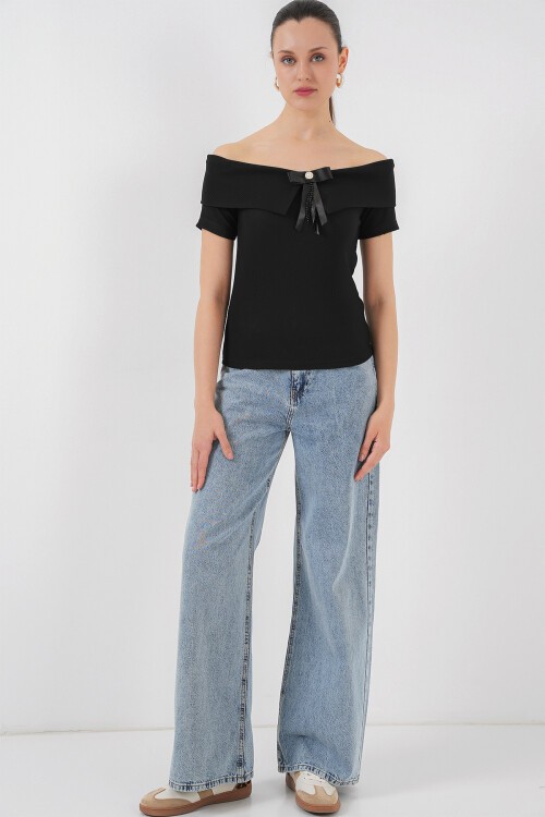 Merterium Kurdele Detaylı Örme Bluz 949 - Siyah