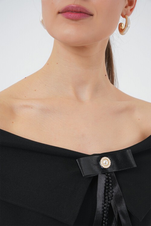 Merterium Kurdele Detaylı Örme Bluz 949 - Siyah