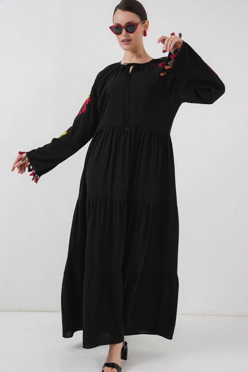 Merterium Nakışlı Uzun Elbise 2534 - Siyah
