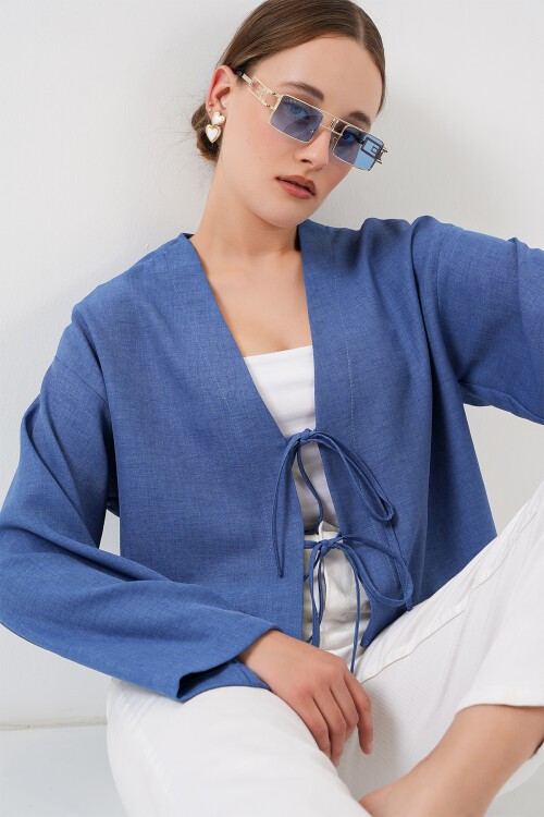 Merterium Önü Bağlamalı Keten Kimono 960 - İndigo