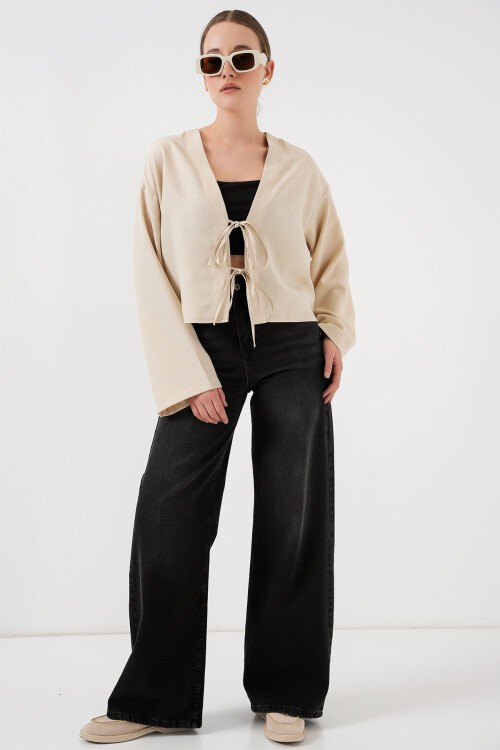 Merterium Önü Bağlamalı Keten Kimono 960 - Krem