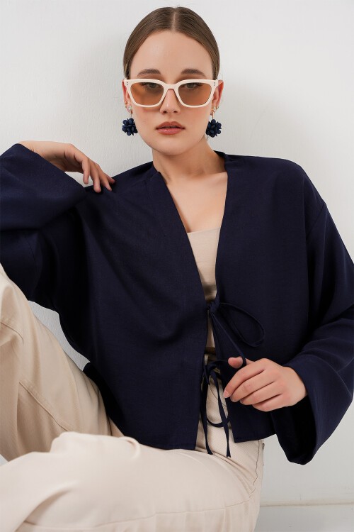 Merterium Önü Bağlamalı Keten Kimono 960 - Lacivert