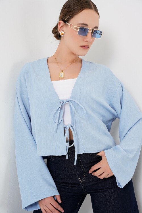 Merterium Önü Bağlamalı Keten Kimono 960 - Mavi