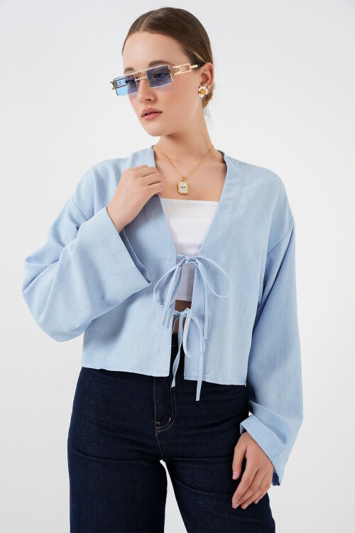 Merterium Önü Bağlamalı Keten Kimono 960 - Mavi