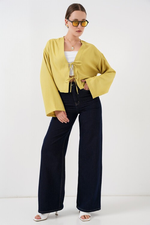 Merterium Önü Bağlamalı Keten Kimono 960 - Yağ Yeşil