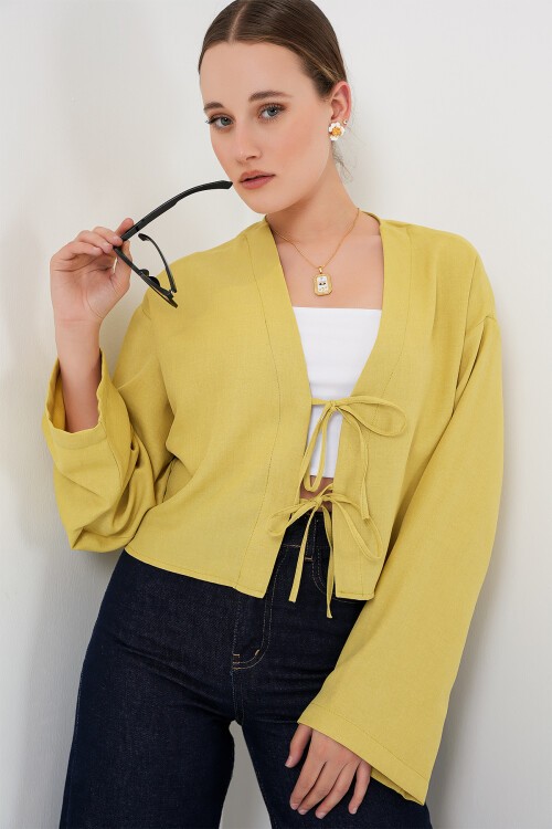 Merterium Önü Bağlamalı Keten Kimono 960 - Yağ Yeşil