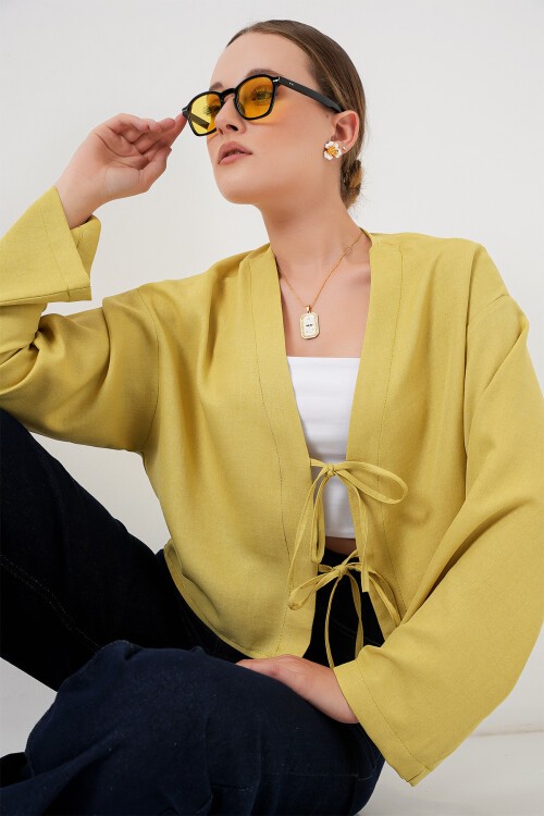 Merterium Önü Bağlamalı Keten Kimono 960 - Yağ Yeşil