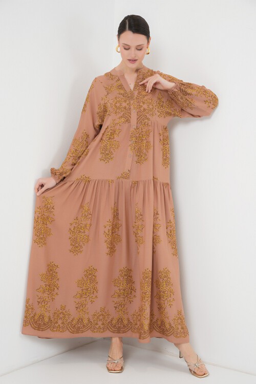 Merterium Vizon Gold Desenli Tesettür Elbise 2423