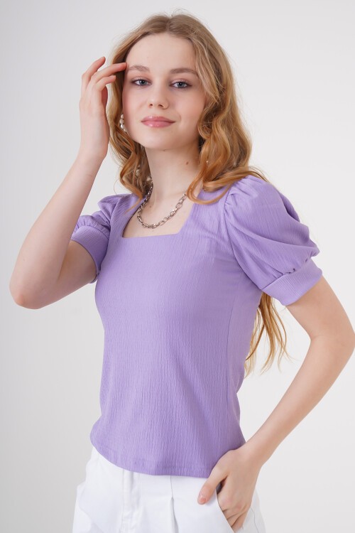 0409 Kare Yaka Örme Bluz - Lila