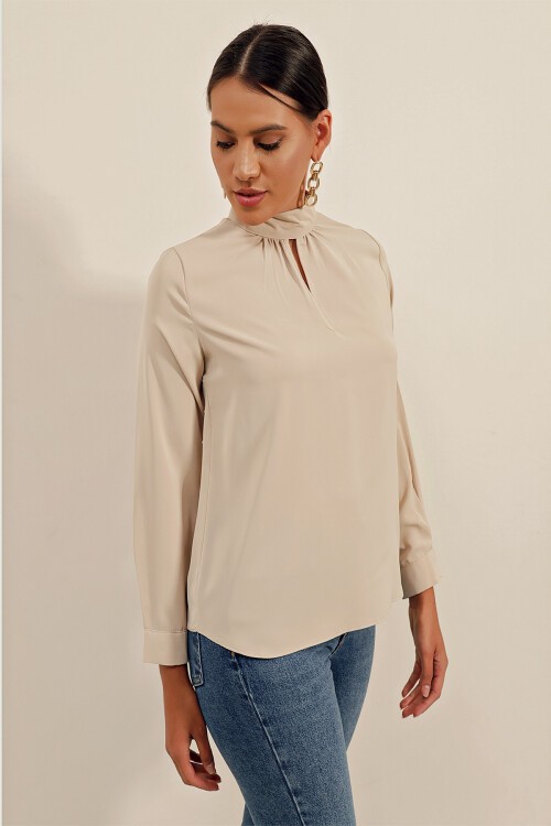 Merterium 0418 Pencere Detaylı Bluz - Bej