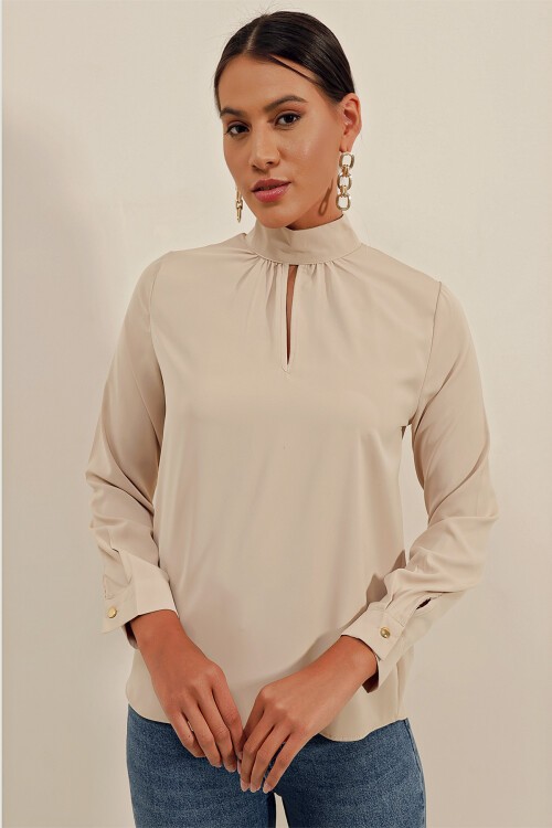 Merterium 0418 Pencere Detaylı Bluz - Bej