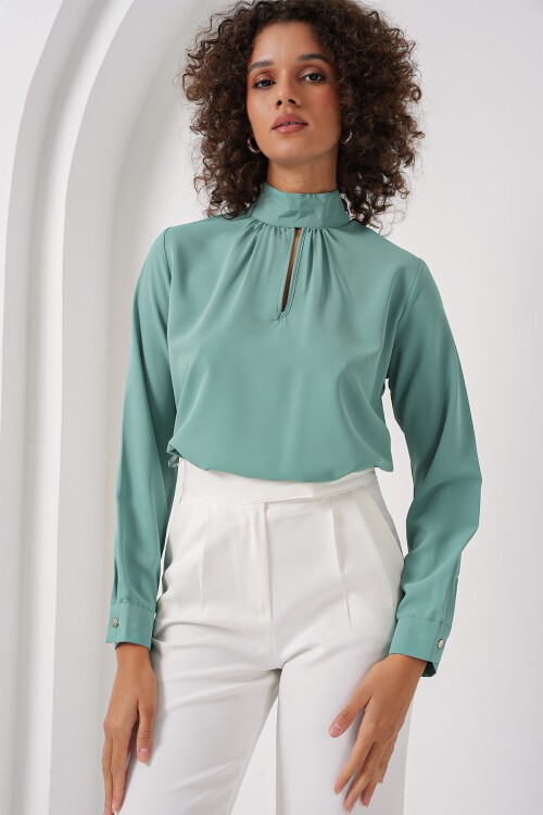 Merterium 0418 Pencere Detaylı Bluz - Su Yeşili