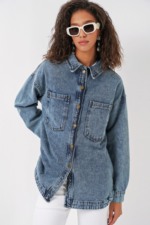 Merterium 0659 Boyfriend Jean Gömlek - Mavi