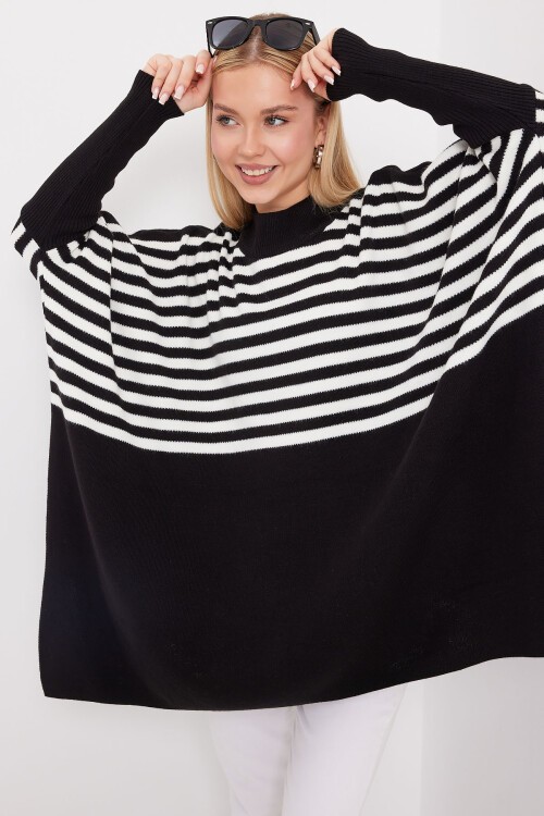 Merterium 15783 Yırtmaçlı Panço Kazak - F. Siyah