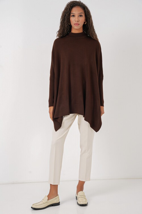 Merterium 15783 Yırtmaçlı Panço Kazak - Kahverengi