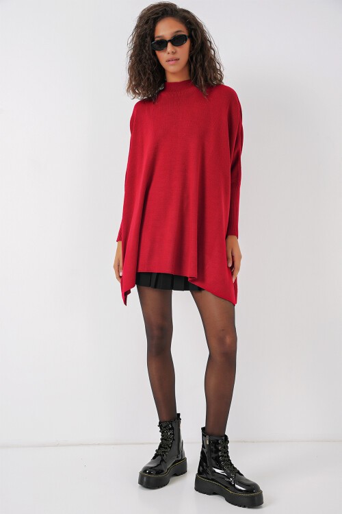 Merterium 15783 Yırtmaçlı Panço Kazak - Kırmızı