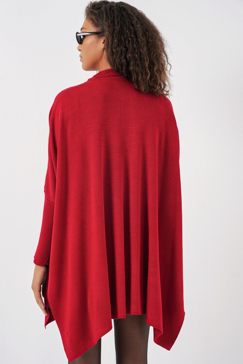 Merterium 15783 Yırtmaçlı Panço Kazak - Kırmızı