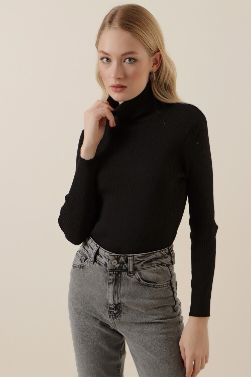 Merterium 15796 Balıkçı Yaka Fitilli Kazak - Siyah