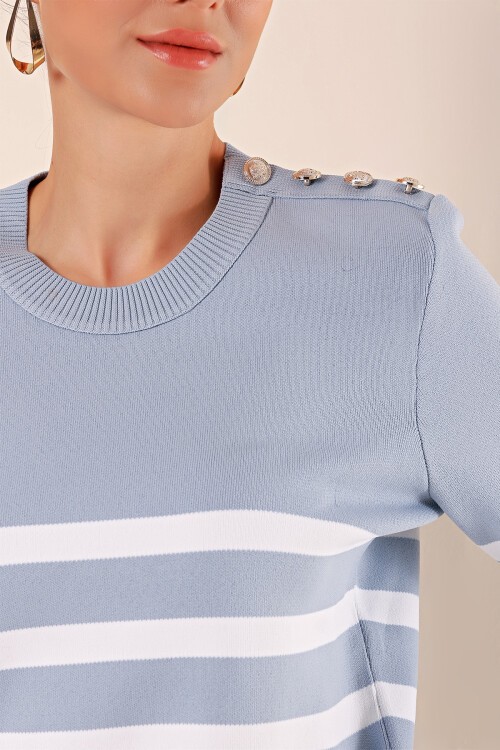 15820 Düğme Detay Çizgili Kazak - İndigo