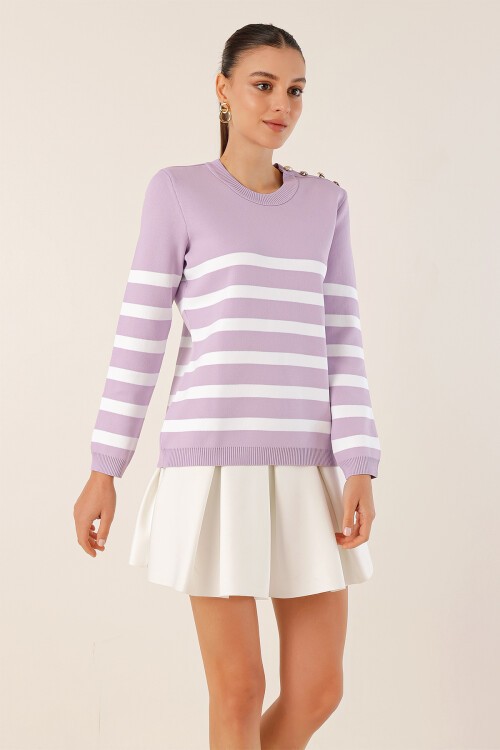 15820 Düğme Detay Çizgili Kazak - Lila