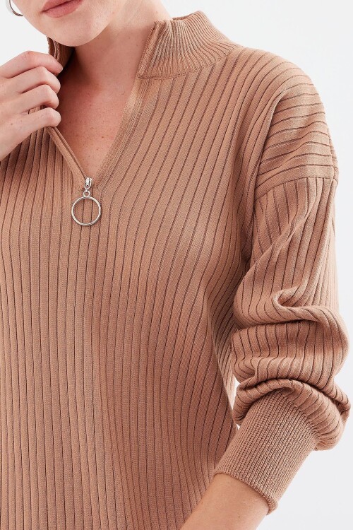 Merterium 15839 Boydan Triko Elbise - Taba