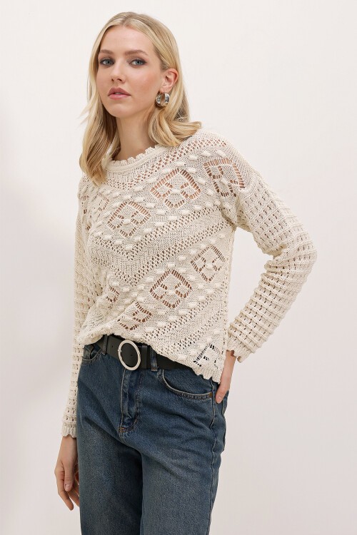 15860 Ajurlu/Delikli Oversize Kazak - Taş