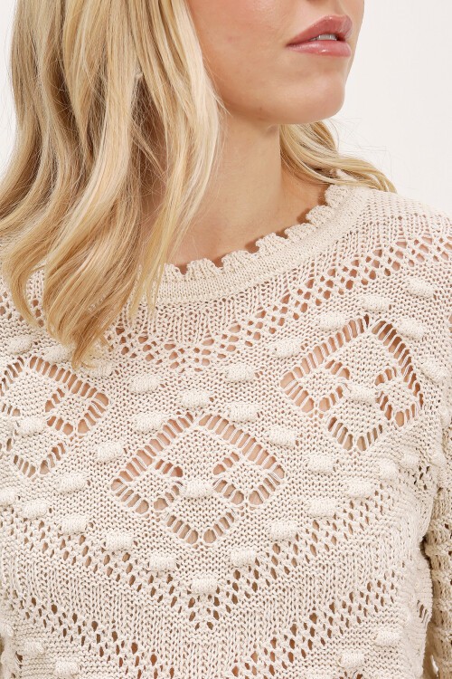 15860 Ajurlu/Delikli Oversize Kazak - Taş