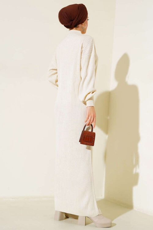 Merterium 15900 Boydan Tesettür Triko Elbise - Krem