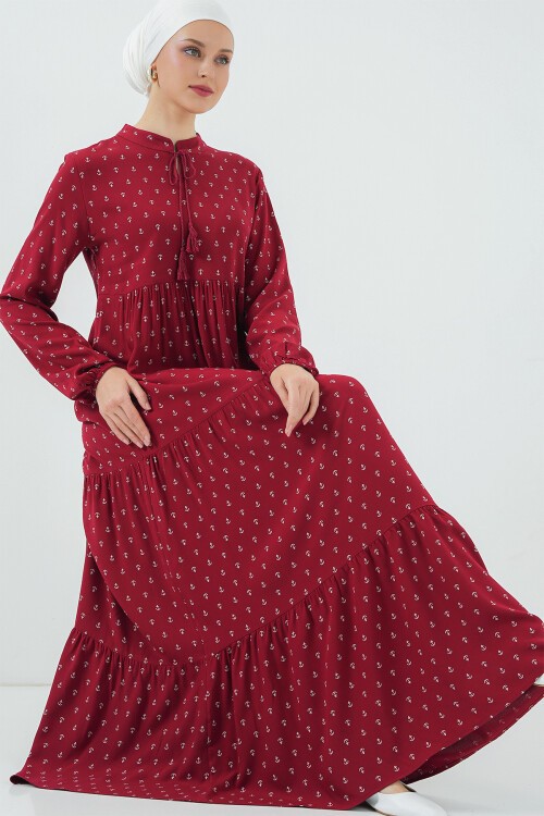 1627 Yaka Bağcıklı Tesettür Elbise - Bordo