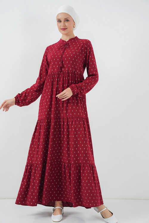 1627 Yaka Bağcıklı Tesettür Elbise - Bordo
